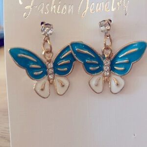 Blue, White and Gold Butterfly Pierced Earrings.